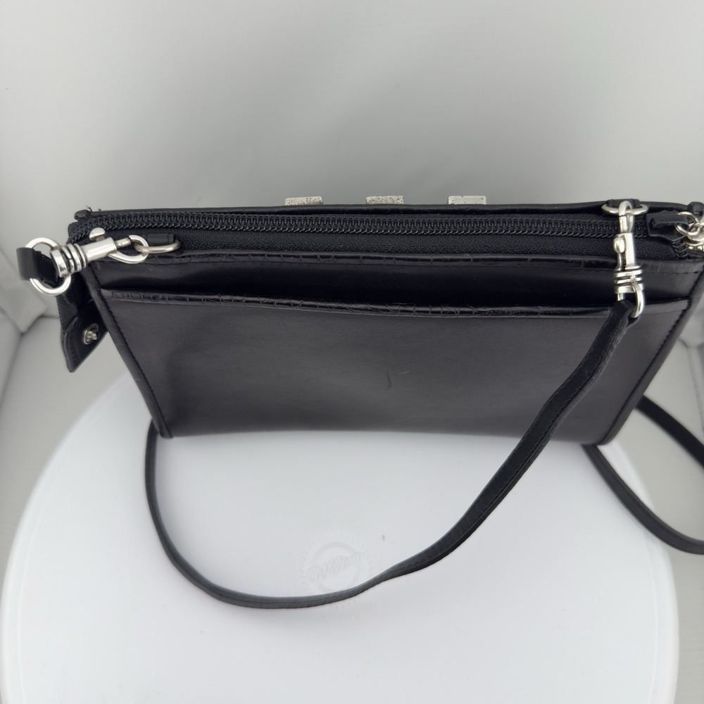 Vtg Brighton Crossbody Purse Black Romag Embossed Leather Organizer Weave Accent - Picture 7 of 14